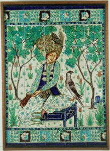 İran şahin avcısı kiremit paneli, Pilkington's Tiles Group Plc, 1910 dolayları (kaydırma kaplı toprak kap) by Gordon Mitchell Forsyth