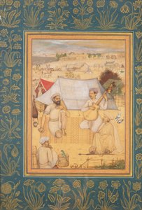 Müzisyenler ve şarkıcılar Babür Kampının eteklerinde diz çöküyor. Bir Yogi ve Bir Hizmetkar Onları Dinleyin, Minto Albümünden, c.1630