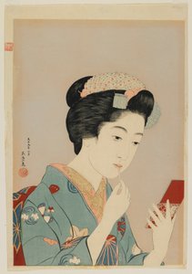Lip Rouge Uygulayan Kadın, Taisho dönemi, Şubat 1920 (renkli tahta baskı)