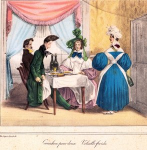 Lokantacının Yaşayan Kartı: İki kişilik turşu, soğuk tavuk 1831-32 (litografi) by Grandville