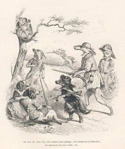 Avcılarda hayvanlar. JJ Granville tarafından gösterilen vinyetler. "Hayvanların Özel ve Kamusal Yaşamlarından Sahneler"de PJ Stahl tarafından yazılan "Yaşlı Karga Anıları" başlıklı bölümde Andrew, Best ve Leloir tarafından yapılan gravür. Paris, J. Hetzel  by Grandville