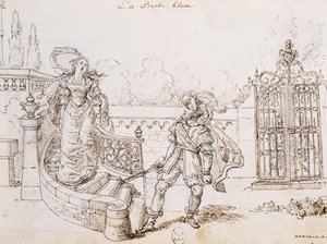 Bluebeard, Charles Perrault (1628-1703) tarafından peri masalı için illüstrasyon, Grandville (1803-1847) tarafından gravür by Grandville