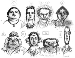 Jean Ignace Isidore Gerard Grandville (1803 -1847) tarafından farklı yüz biçimlerini, ifadeleri gösteren ve bunları farklı ahlaki özelliklerle ilişkilendiren karikatürler. “” Pitoresk mağazada”” 1835 by Grandville