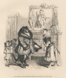 Mahkeme kedisi genç bir kediyi selamlıyor. JJ Granville tarafından gösterilen vinyetler. Honore de Balzac