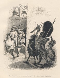 Sarhoş domuz ve keçi köpek, horoz, ördek ve pelikandan oluşan bir devriyeden geçiyor. JJ Granville tarafından gösterilen küçük resimler. Emile de La Bedolliere tarafından yazılan "Bir timsahın hatıraları" başlıklı kısımda Breviere imzalı gravür by Grandville