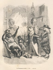 Tembel, beklerken esnedi. JJ Granville tarafından gösterilen vinyetler. "Hayvanların özel ve kamusal yaşamından sahneler"de Pierre Bernard tarafından yazılan "Les Animaux medecins" başlıklı bölümde Godard imzalı gravür. Paris, J. Hetzel by Grandville