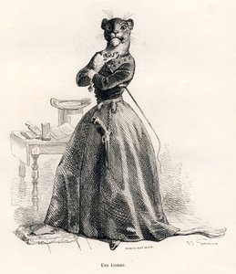 Silahlı ve kırbaçlı dişi aslan. JJ Granville tarafından gösterilen vinyetler. Gravür, Honore de Balzac