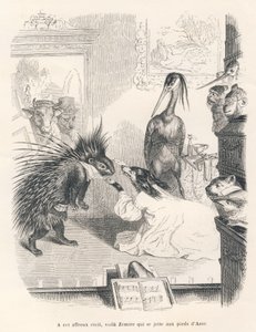 Bir kirpi, bir köpek ve bir balıkçıl ile opera sahnede. JJ Granville tarafından gösterilen vinyetler. "Hayvanların özel ve kamusal yaşamından sahneler"de Jules Janin tarafından yazılan "İlk tabanca serisi" başlıklı bölümde Godard imzalı by Grandville