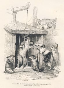Tuzak: Esir alınan kişi için ağlamaya gelen fareleri izleyen kedi. JJ Granville tarafından gösterilen vinyetler. Gravür, Edouard Lemoine tarafından "Scenes de la vie privee"de yazılan "Filozof sıçan" başlıklı bölümde Andrew, Best ve Leloir imzalı by Grandville