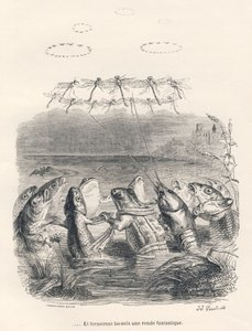Yuvarlak su hayvanları ve yusufçuklar. JJ Granville tarafından gösterilen vinyetler. "Hayvanların Özel ve Kamusal Yaşamlarından Sahneler"de PJ Stahl tarafından yazılan "Yaşlı Karga Anıları" başlıklı bölümde Andrew, Best ve Leloir tarafından yapılan gravür. by Grandville