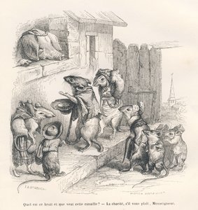 Fare bir domuza sadaka yapıyor. JJ Granville tarafından gösterilen vinyetler. Gravür, Edouard Lemoine