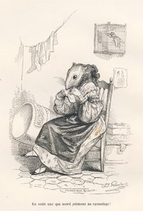 Çorabı tamir eden fare. JJ Granville tarafından gösterilen küçük resimler. Gravür, Edouard Lemoine