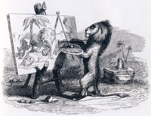 Adam tarafından öldürülen aslan - La Fontaine'in Masalları by Grandville