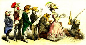 Vokal konseri - Koro: şarkıcılar maymunda temsil edilen koro şefi ile bir hayvan başı - Grandville