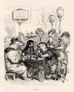 Her türden hayvanın uğrak yeri olan bir kafe. JJ Granville tarafından gösterilen küçük resimler. Honore de Balzac