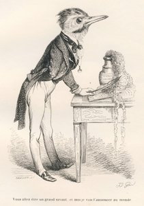 Sen büyük bir alim olacaksın ve ben bunu dünyaya ilan edeceğim. JJ Granville tarafından gösterilen vinyetler. Honore De Balzac tarafından yazılan "Onur elde etmek isteyen hayvanların kullanımı için rehber-eşek" başlıklı bölümde Tamisier imzalı gravür by Grandville