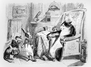 Kedi, Gelincik ve Küçük Tavşan, H. Fournier Aine tarafından yayınlanan La Fontaine (1621-95) 'Masalları' için illüstrasyon, 1838