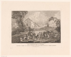 Birlikte yürüyen bir grup askerin olduğu manzara Les Fatigues de la Guerre (nesnedeki başlık) Antoine Watteau