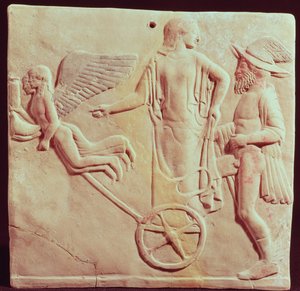 Afrodit ve Hermes, Eros ve Psyche tarafından çekilen bir arabaya binerken, MÖ 470 (pişmiş toprak) by Greek