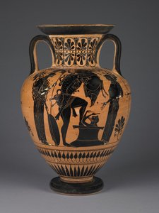 Erymanthean domuzu taşıyan Herakles ile Atina Attika siyah figürlü amfora, MÖ 510 dolayları (pişmiş toprak)