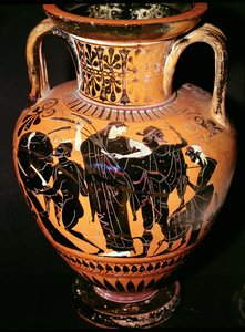 Synthos, Demeter, Hermes ve kayıkçıyı betimleyen tavan arası siyah figürlü vazo, MÖ 535-540 (çömlek)