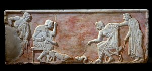 Yunan Sanatı: Bir köpeği ve bir kediyi heyecanlandıran iki genci temsil eden Kouros kaidesi - Mermer kabartma çoraplar, MÖ 510-500 - Atina, arkeoloji müzesi - Bir köpek ve bir kediyle oynayan iki genç adam - Beyaz mermer kabartma (bir kouros heykelinin kai by Greek