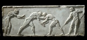 Yunan sanatı: Bir dövüş sırasında güreşçileri temsil eden kouros tabanı. Mermer kabartma çoraplar, MÖ 510-500 - Atina, arkeoloji müzesi - Dövüşen güreşçiler - Bir kouros heykelinin mermer kabartma oymacılığı, MÖ 510-500 - Ulusal Arkeoloji müzesi, Atina by Greek