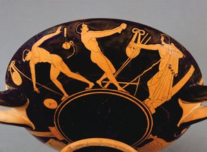 Sporcuları ve sempozyumu tasvir eden Kylix kupası, MÖ 480 dolayları (seramik) (ayrıca bkz. 293740)