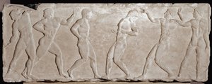 Altı sporcuyu temsil eden bir cenaze kourosunun mermer kabartma çorapları. 510 -500 M.Ö. Akropolis Atina