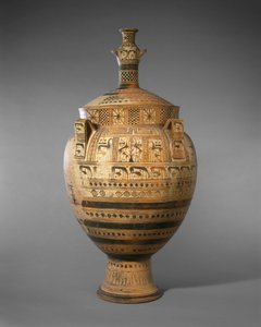 Küçük bir hidria ile örtülen kapaklı pişmiş toprak krater, c. MÖ 750-740 (pişmiş toprak)