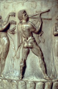Borghese Krateri veya Vazo, çift flüt çalan bir adamı betimleyen kabartma detayı, Neo-Attic, MÖ 40-30 civarı mermer