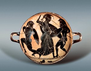 Truva Savaşı: Hektor ve Akhilleus arasında mücadele eden Tanrıça Athena. MÖ 6. yüzyıl. Kylix (içecek bardağı) seramikte siyah figürlere sahiptir, Katalonya Arkeoloji Müzesi, Barselona. by Greek