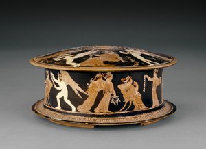 Meidias ressamına yakın, kadınlar ve erotlar veya aşk tanrıları ile süslenmiş tavan arası kırmızı figürlü pyxis, MÖ 5. yüzyılın sonu (seramik) by Greek School