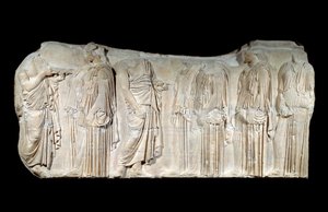 Yunan sanatı: Parthenon frizinin parçası: Büyük Panathenees şöleninin alayı: yetki verenler ve ergastinler. Klasik dönem. Paris, Louvre Müzesi by Greek School