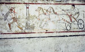 Bir gladyatörü ve savaş arabasındaki bir adamı betimleyen Lucanian fresk mezar resmi, Paestum MÖ 350-330 by Greek School