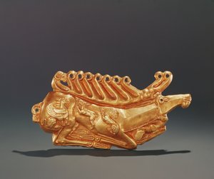 Gövde üzerinde kanatlı griffin, tavşan, aslan, köpek ve koç başı figürleriyle süslenmiş yaslanmış geyik (altın) by Greek School