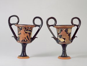 Bir gençliği betimleyen kırmızı figürlü kantharos ve bir kadını betimleyen kantharos, MÖ 310 dolayları (seramik) by Greek School