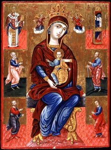 Skopiotisa Bakiresi Mesih ve Altı Aziz ile Enthroned, c.1700 (panelde altın varak ve mizaç) by Greek School