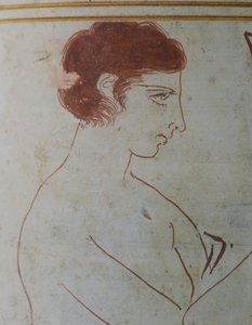 Attika lekythos, mezarının önünde oturan bir savaşçının cenaze sahnesini gösteriyor, MÖ 420-410, Efesli Ressam Parrhasius'a atfediliyor, Atina, Yunanistan'dan beyaz toprak çanak çömlek. detay. Yunan Uygarlığı, MÖ 5. Yüzyıl. by Greek School