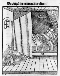 Bir ebe, anne dinlenirken yeni doğan bebeği temizler. Gravür - Gregor Reisch (1467-1525), Basel tarafından “” Margarita Philosophica” da