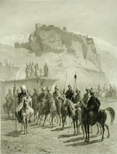 Atskhour Kalesi, Akhaltsik, Adolphe Mouilleron (1820-81) tarafından oyulmuş Kafkasya üzerine bir kitaptan plaka 10, Alfred Leon Lemercier, Paris tarafından yayınlandı by Grigori Grigorevich (after) Gagarin