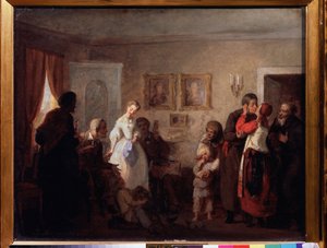 Bir konakta yeni evli bir çift için tebrikler. (Bir Malikanede Yeni Evlenen Çifte Tebrikler). Grigori (Grigoriy, Grigory) tarafından yapılan boyama Grigoryevich Myasoyedov (Myasoedov, Miasoedov) (1834-1911), tuval üzerine yağlı boya by Grigori Grigoryevich Myasoedov
