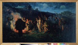 Çiftçilik Ritüeli. Köylü yaşamının sahnesi, Slav folklorik kutlaması, akşam karanlığında, büyük bir ateşin etrafında, tarım aletleri ve fenerleriyle donatılmış köylüler, geçit töreninde, umut içinde genç bir çıplak kız getiriyorlar.