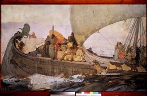 Minosluların bir gezisi. Girit'ten yelken açmak için gemiye binin. Ivan Grigoryevich Myasoyedov'un (Miasoyedov, Miasoyedov) (1881-1953) tablosu, tuval üzerine yağlı boya