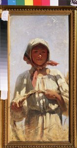 Bir orakçı. Yaz ortasında hasat için buğday tarlasında geleneksel kostümlü genç bir köylü kadının portresi. Grigori (Grigoriy, Grigory) Grigoryevich Myasoyedov (Myasoedov, Miasoedov) (1834-1911) tarafından tablo, tuval üzerine yağlı boya. sanat