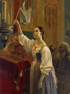 Bir kız ikonun önüne bir mum yerleştirdi, 1842 by Grigori Karpovich Mikhaylov