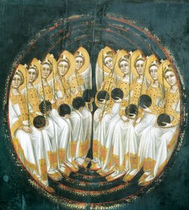 Ellerinde küreler olan oturan melekler, Guariento tarafından (aktif 1338-1367 veya 1370), panelde tempera