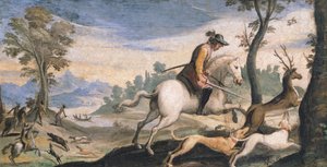 Geyik ve yaban domuzu avı, Guercino olarak bilinen Giovanni Francesco Barbieri (1591-1666), fresk, 53x101 cm by Guercino