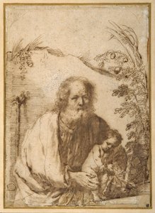 Bir elma ağacının dalını tutan Aziz Joseph ve Bebek İsa (kağıt üzerinde kalem ve mürekkep) by Guercino