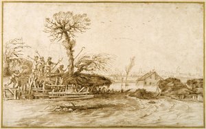 Taşkın bir nehir ve baltaları ve diğer araçları olan köylüler (kağıt üzerine tebeşir üzerine kalem ve mürekkep) by Guercino